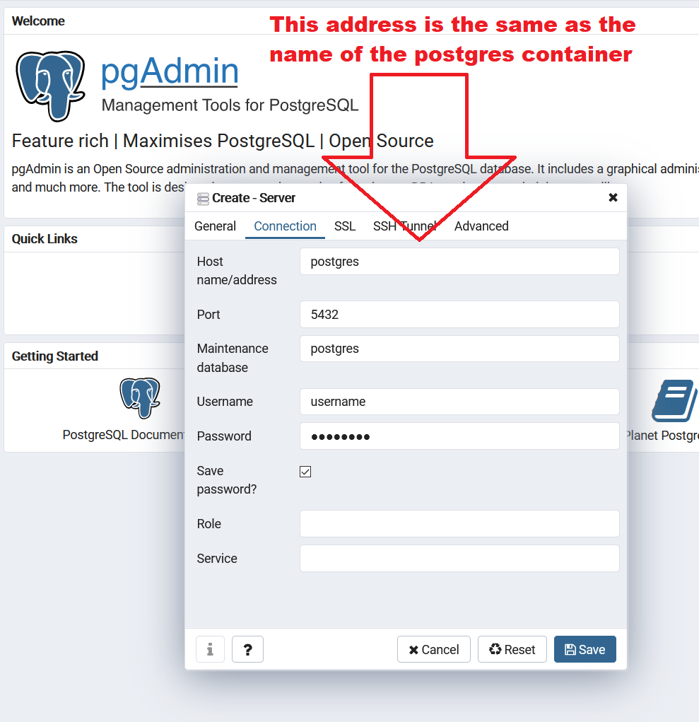 pgAdmin control panel with configuration to connect to Postgres
