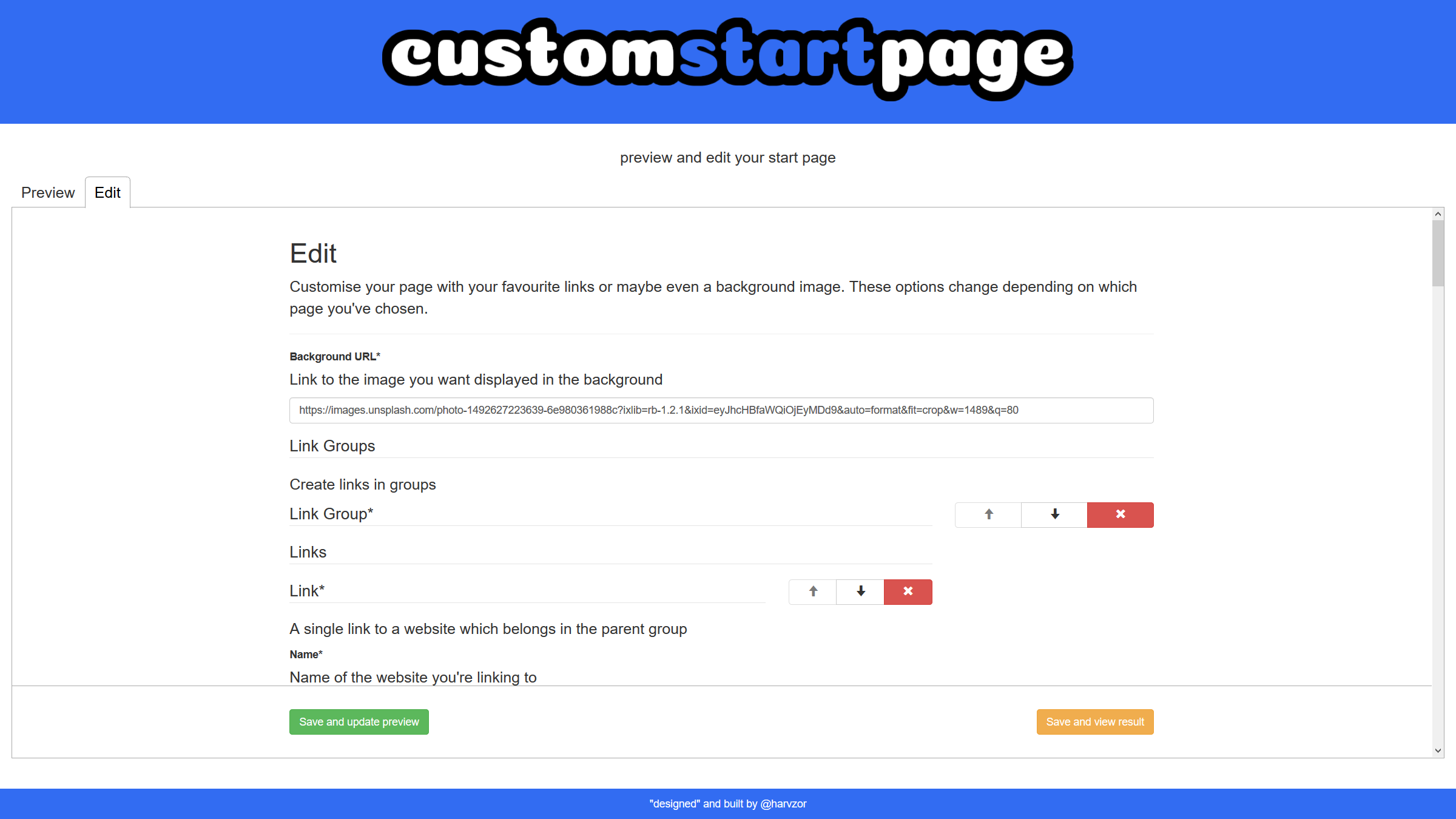 Custom Start Page Edit Page